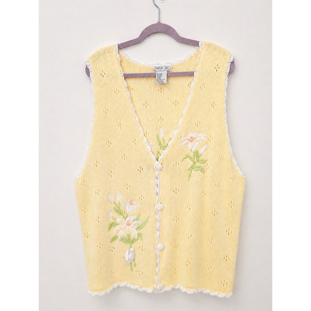Vintage Floral Knit Vest Embroidered Cottagecore Soft Yellow XXL Oversized